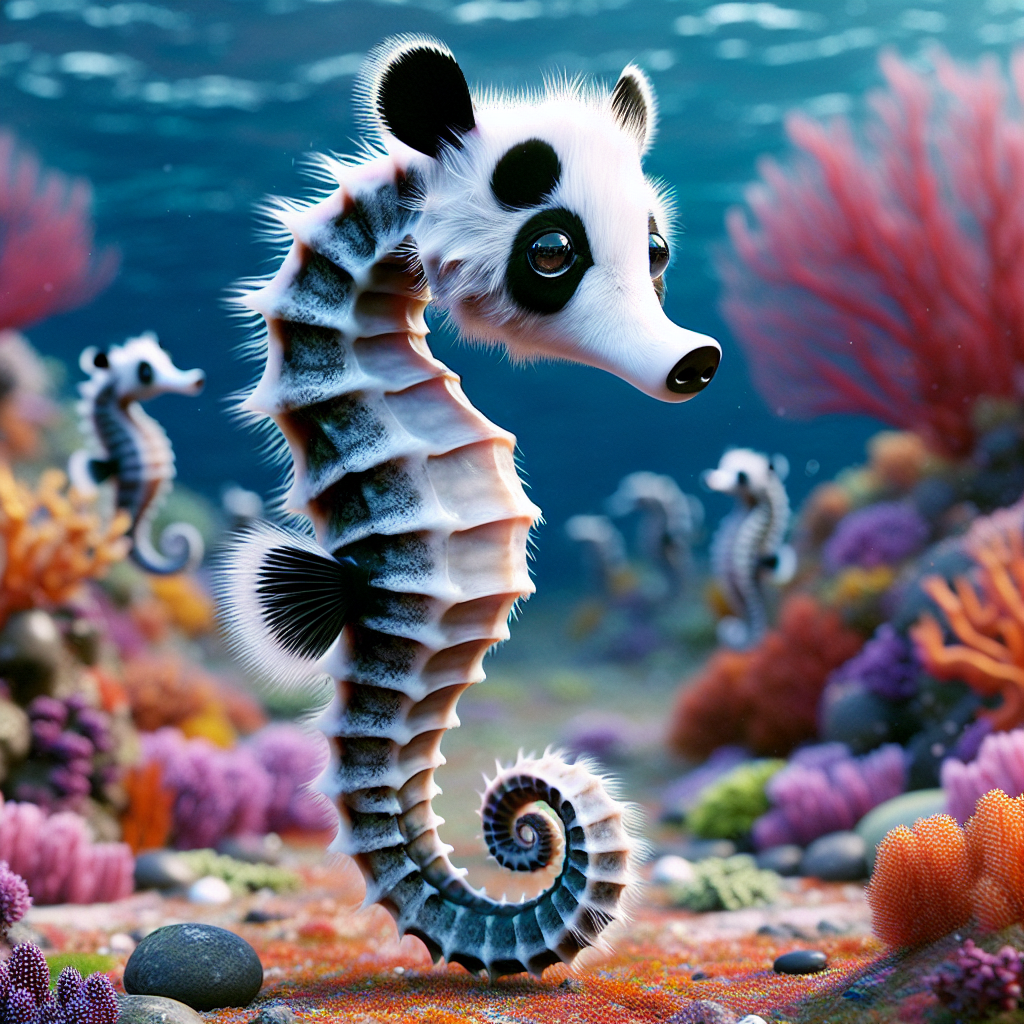 A highly photorealistic image of a seahorse with a panda's head. This unique creature combines the delicate body of a seahorse with the distinctive black and white head of a panda, complete with its expressive eyes and ears. The creature is depicted in an underwater setting, gracefully swimming among colorful coral and marine flora, creating a visually striking and imaginative scene.