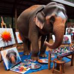 Elephants Turn Artists: Zoo's New Program Unveils Elephant-Painted Masterpieces. Elephants as Art Painters: Elephants painting abstract artworks in a zoo as part of an animal welfare program.