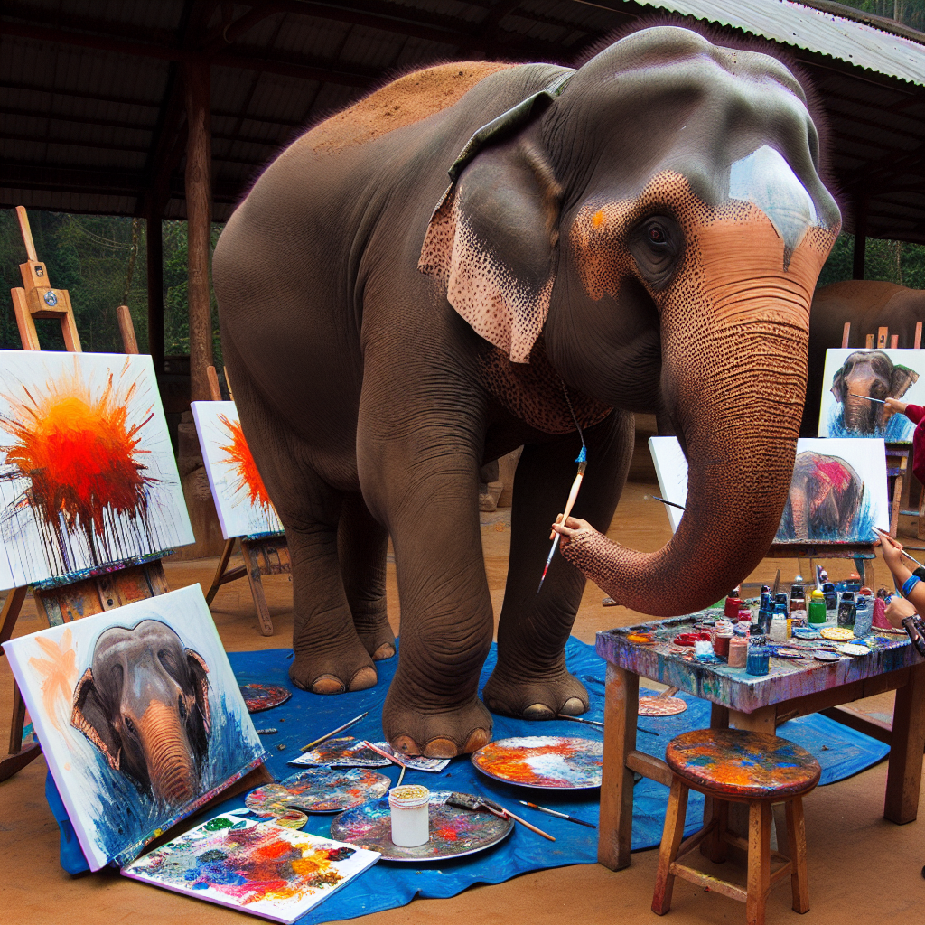 Elephants Turn Artists: Zoo's New Program Unveils Elephant-Painted Masterpieces. Elephants as Art Painters: Elephants painting abstract artworks in a zoo as part of an animal welfare program.