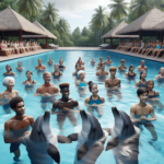 Photorealistic image of a dolphin-led swimming lesson. The scene is set in a large, clear swimming pool with a group of people learning to swim, guided by friendly dolphins. The dolphins are interacting with the swimmers, playfully encouraging them and demonstrating swimming techniques. The setting should have a tropical, serene ambiance, highlighting the unique and engaging experience of learning to swim with dolphins.